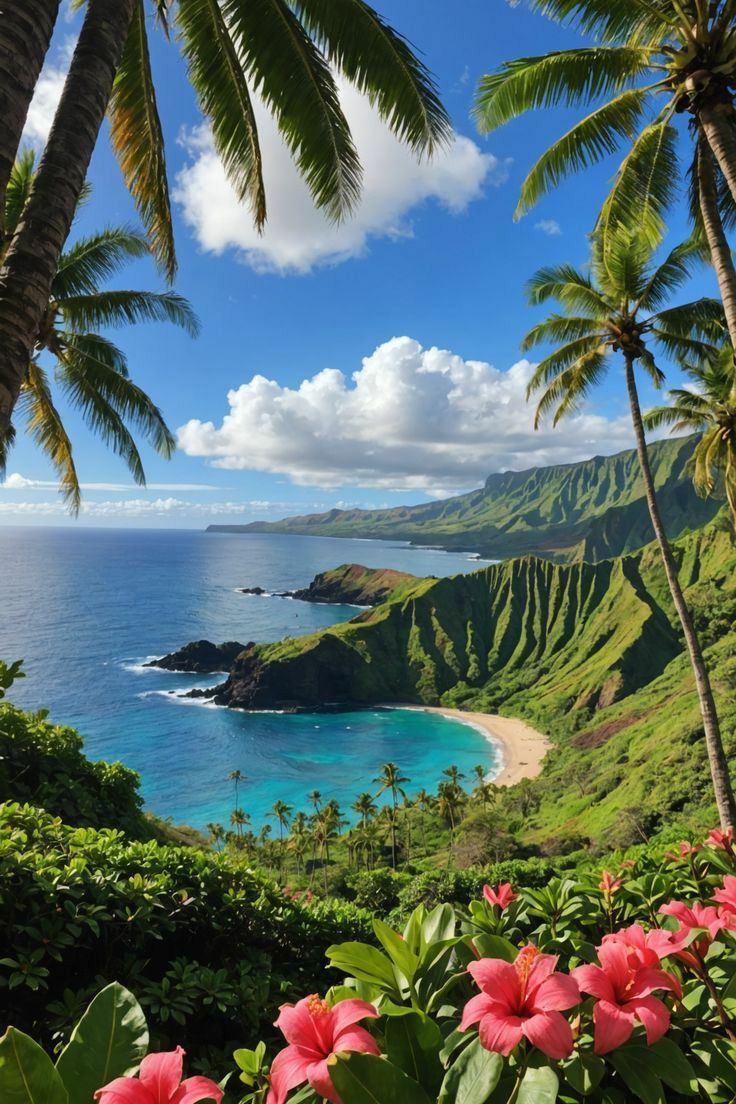 Tropical beach with turquoise waters, lush green cliffs, palm trees, and bright pink hibiscus flowers in the foreground